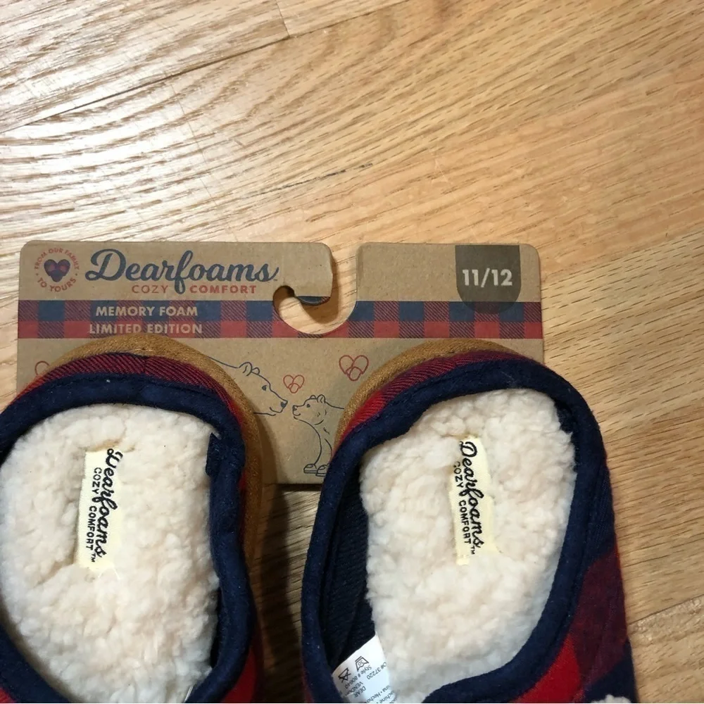 Lil Bear Buffalo Plaid Slippers NEW 11/12 Kids Matching Family Red Blue